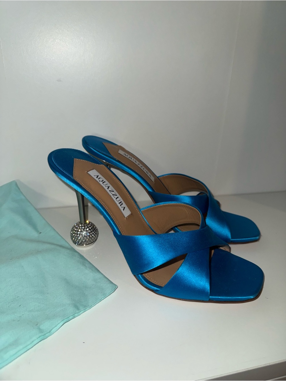 Aquazzura Electric Blue Satin Crisscross Mule Heels with Jeweled Ball Heel